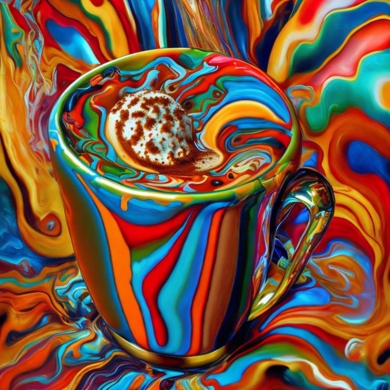 Colorful Psychedelic Patterned Cappuccino Cup with Foam and Cinnamon