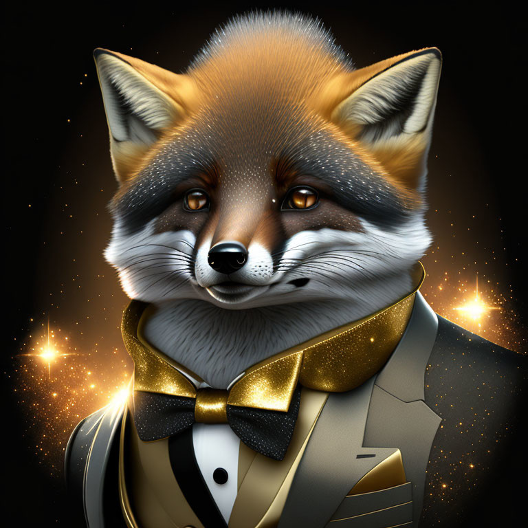 Fox head in suit with golden bow tie on dark, sparkling backdrop