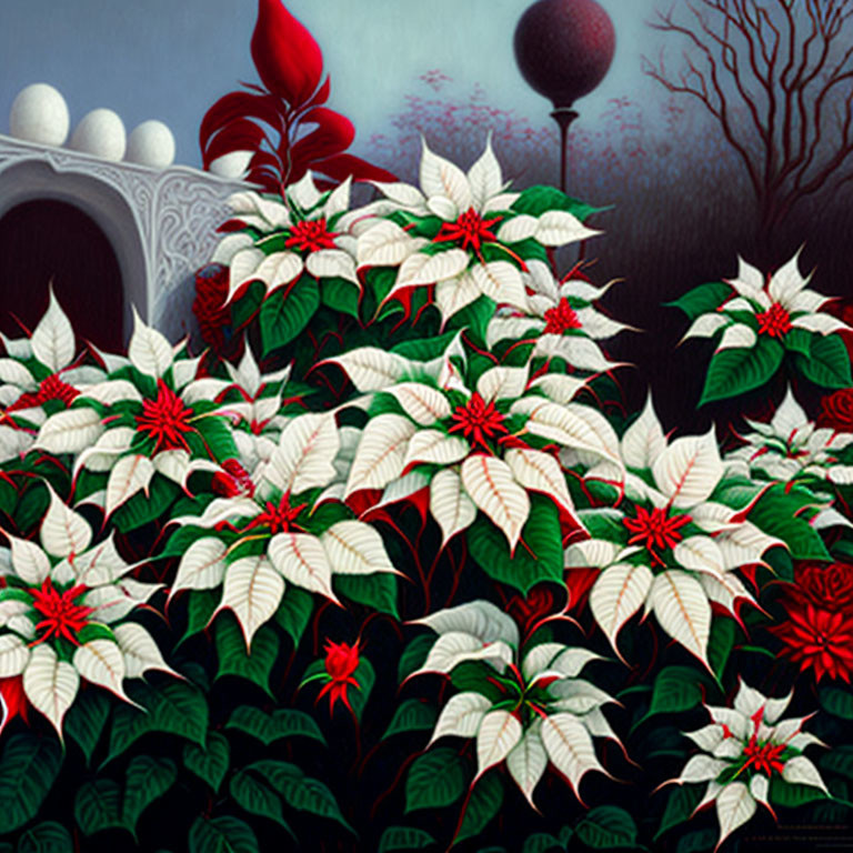 Surreal white poinsettias, ornate balcony, red flowers, and dark trees under