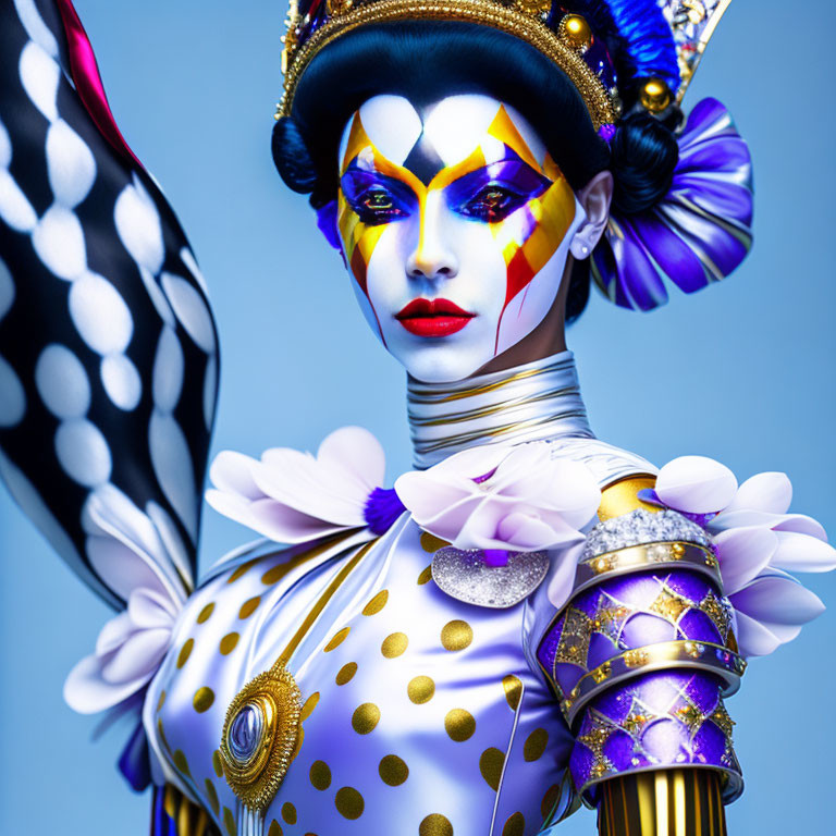 Vibrant yellow and white face paint on person in purple and gold costume against blue background