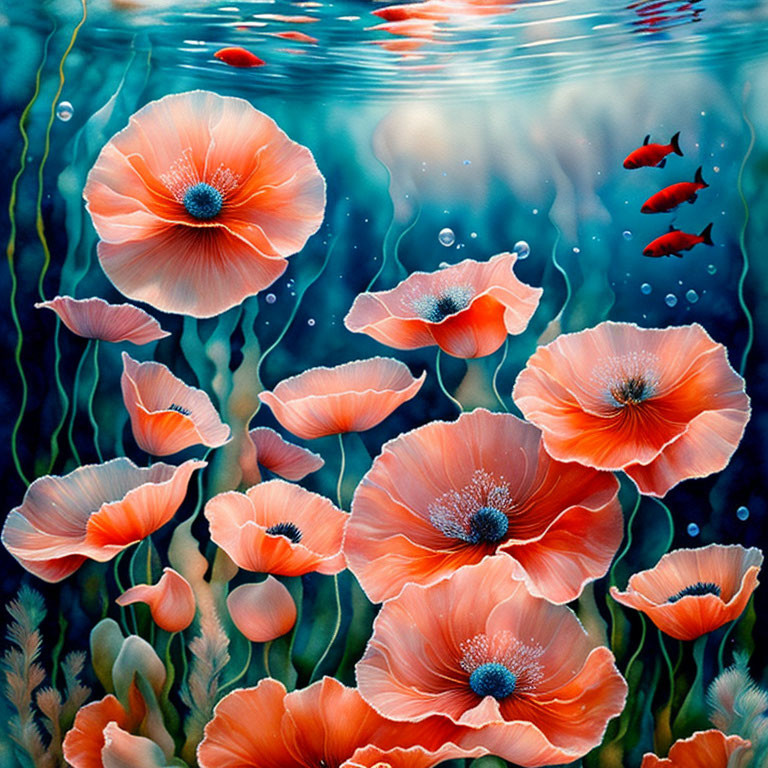 Red poppies and fish create dreamy underwater scene