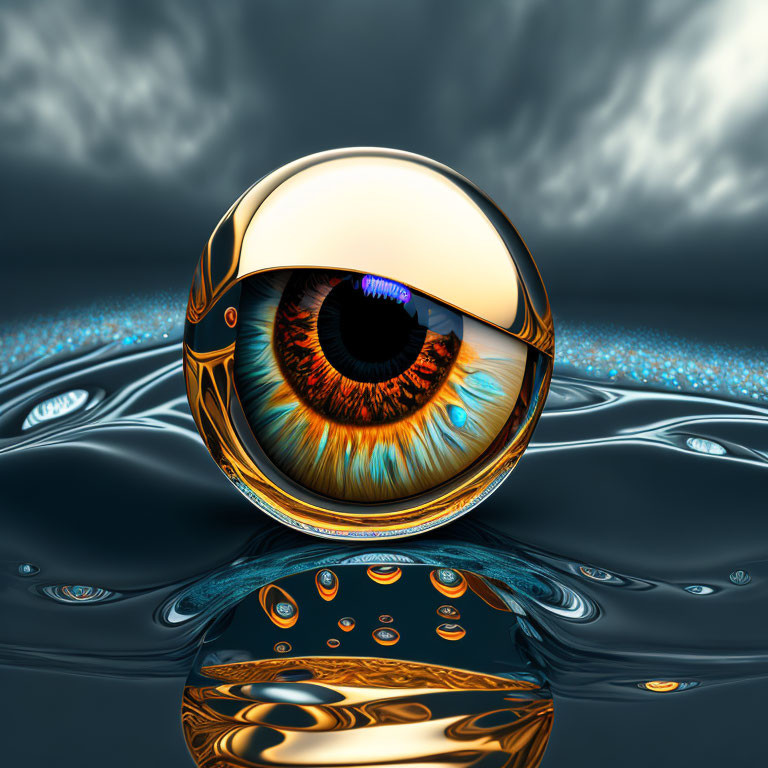 Hyper-realistic eye in reflective sphere above rippling water.