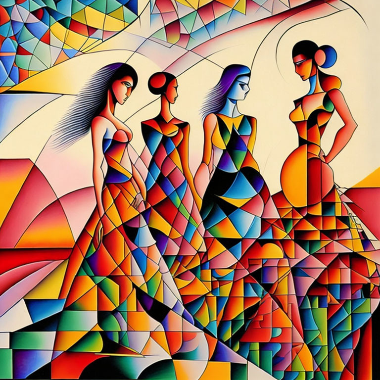 Vibrant Cubist-inspired artwork of four stylized female figures.