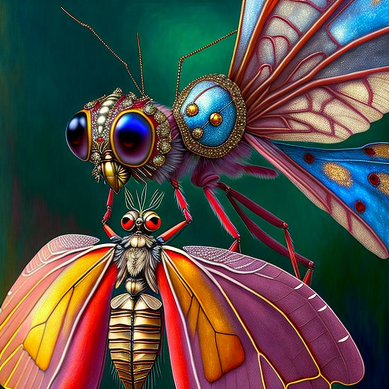 Colorful whimsical insect with butterfly wings and intricate antennae.