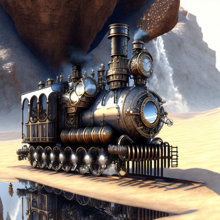 Steampunk-style train on desert rails with ornate details