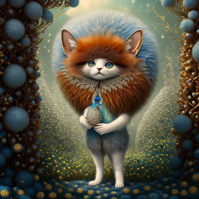 Fluffy cat with blue eyes holding ornament in vibrant forest