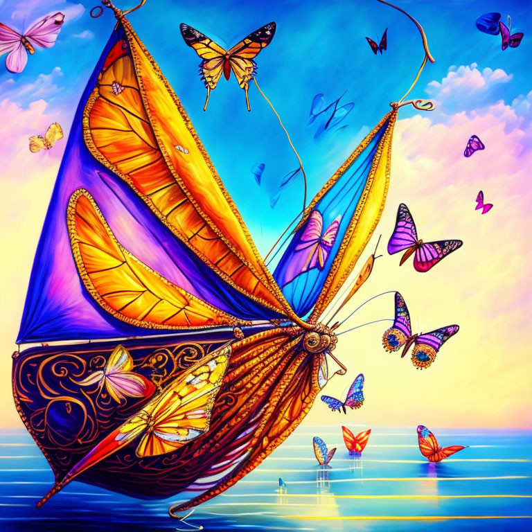 Vibrant Sailboat with Butterfly Sails on Calm Sea at Sunset