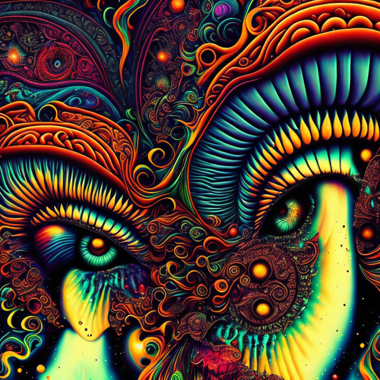 Vivid Psychedelic Artwork with Eye-Like Motifs and Swirling Fractals