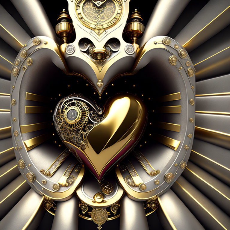 Steampunk heart with clockwork and metal pipes on golden background