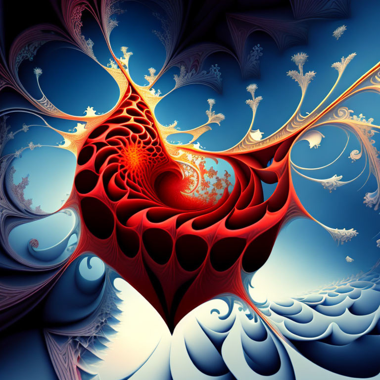 Colorful Abstract Digital Artwork with Red Shape and Blue/White Fractals