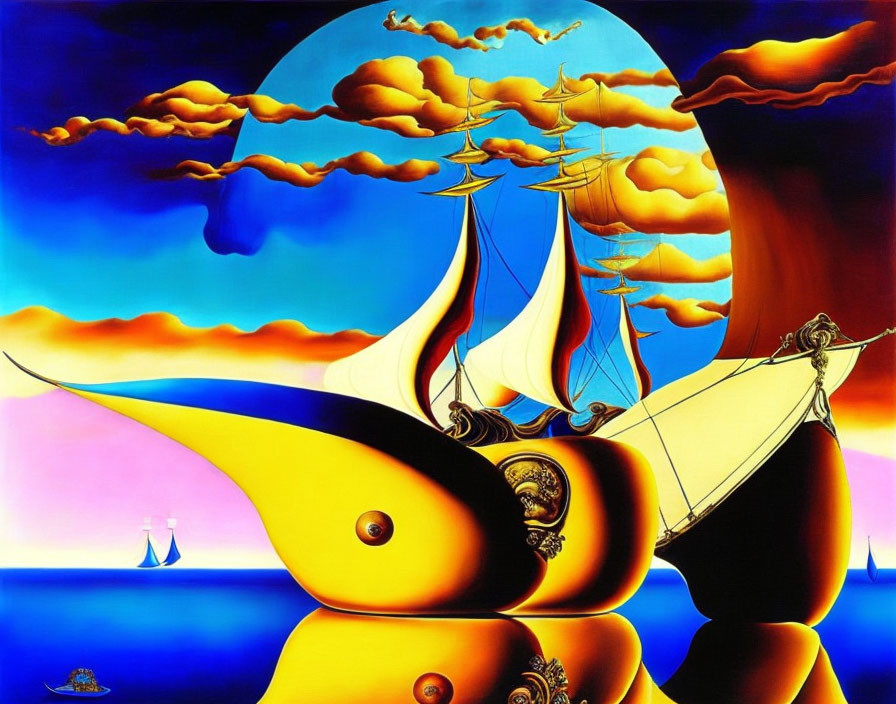 Abstract surrealistic painting of ship with billowing sails on yellow and black waves under orange sky.