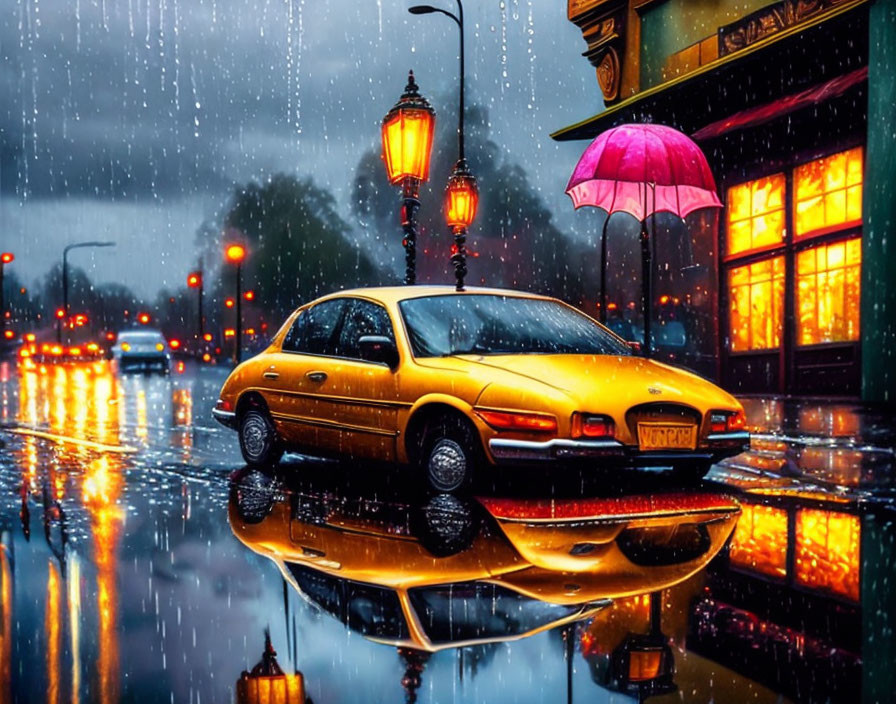 Yellow Car Parked on Wet Street at Dusk with Person and Pink Umbrella