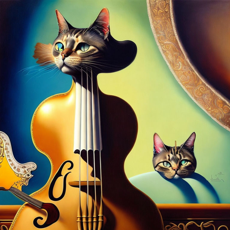 Surreal Artwork: Two Cats with Human-like Eyes and Violins on Colorful Background