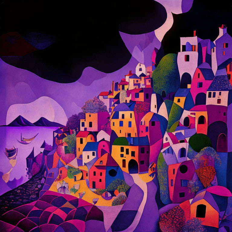 Whimsical village painting with vibrant colors