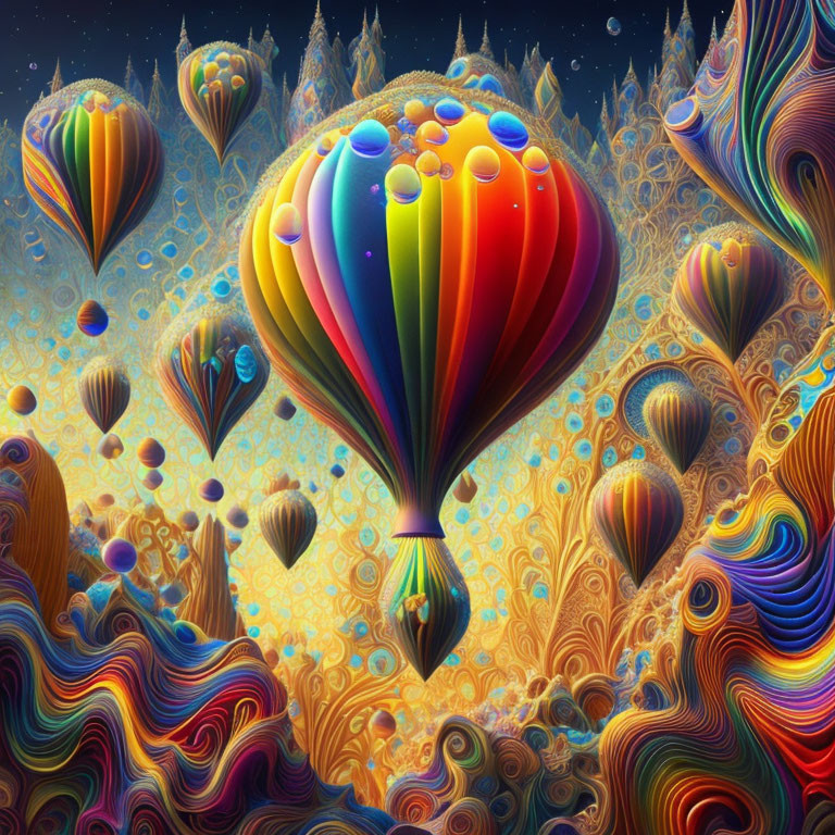 Colorful hot air balloons in psychedelic landscape