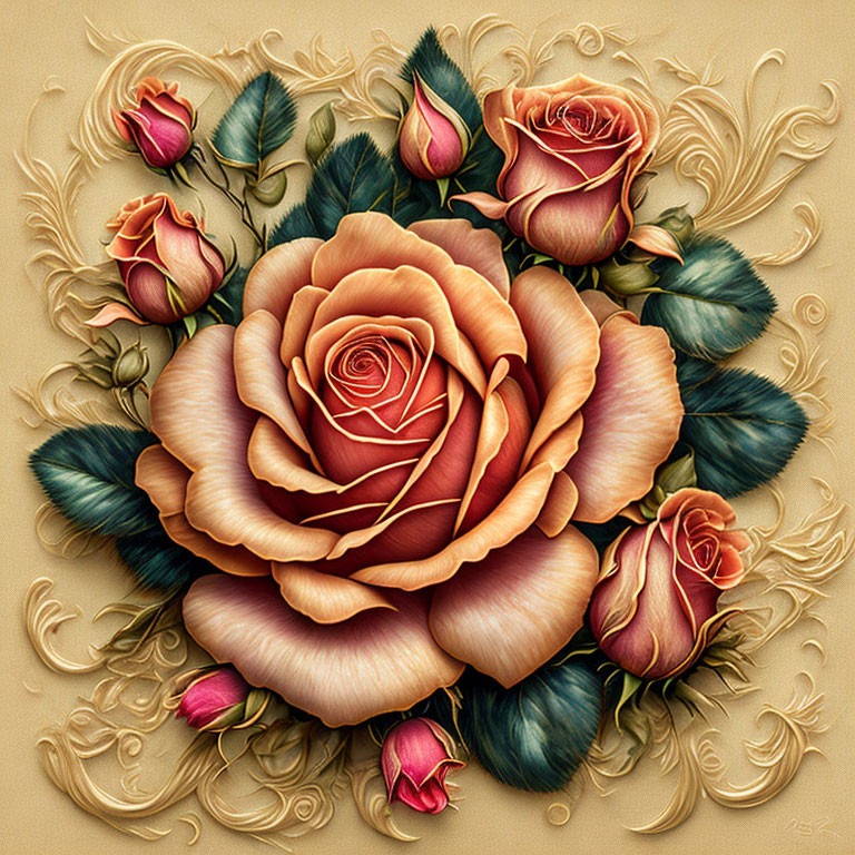 Digital Artwork: Central Rose Surrounded by Smaller Roses, Gold Swirls, and Green