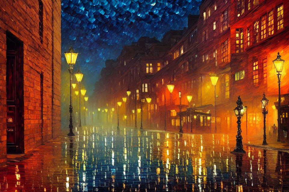 Historical cobblestone street at twilight with warm streetlights and wet reflections.