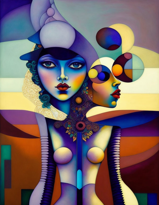 Vivid surrealist painting: stylized woman with secondary face profile.