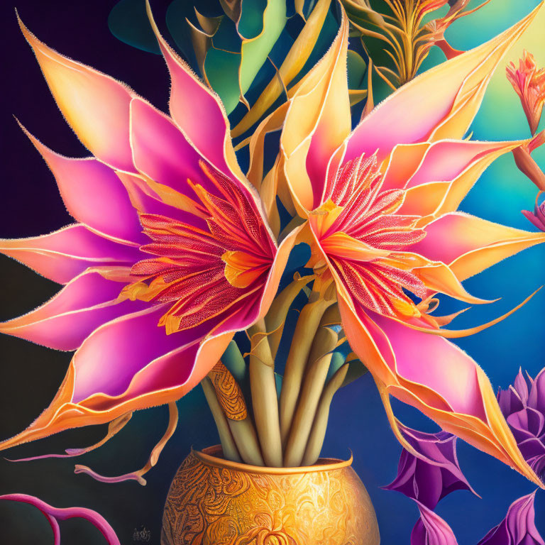 Colorful painting of pink and orange flowers in golden vase on dark background