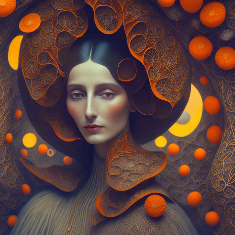 Surreal portrait of woman with ornate orange details and patterns