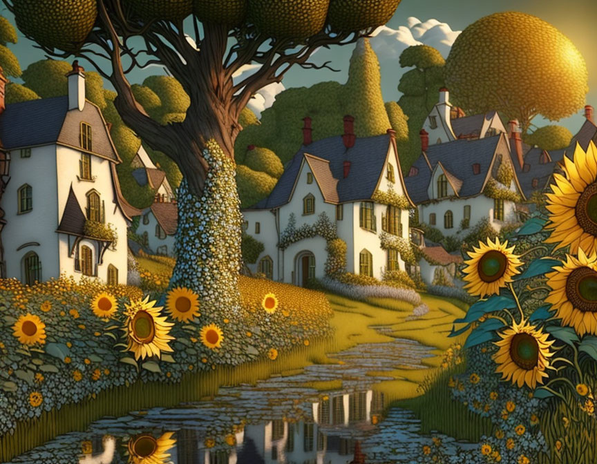 Picturesque village scene with cobblestone path, sunflowers, and rolling hills.