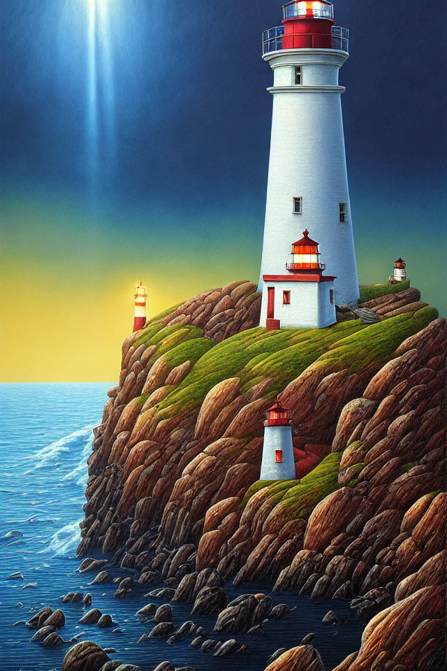 White lighthouse painting with red accents on rocky cliff by the sea