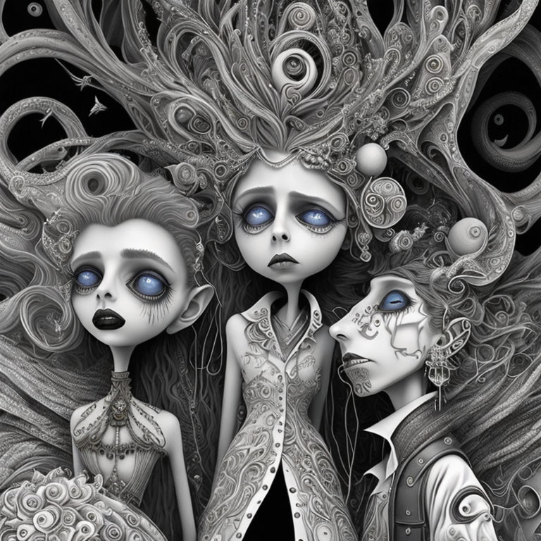 Monochromatic stylized characters with intricate designs and expressive blue eyes surrounded by ornate patterns and pe