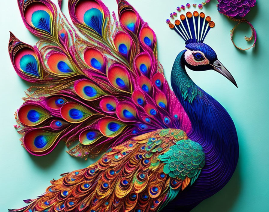 Colorful Peacock with Vibrant Tail Feathers on Teal Background