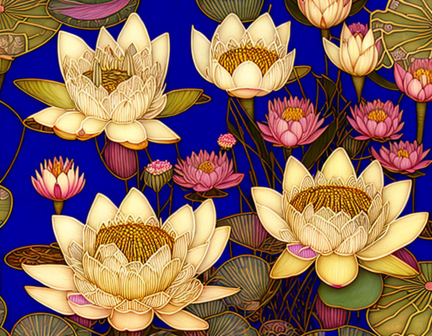 Detailed Lotus Flower Illustration in Pink and White on Dark Blue Background