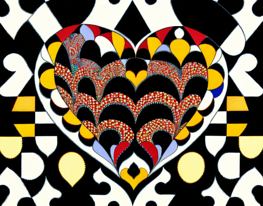 Colorful Abstract Heart Pattern with Checkerboard and Curvy Designs