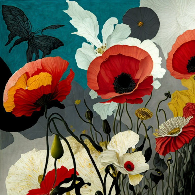 Colorful Poppy and Butterfly Illustration on Turquoise Background