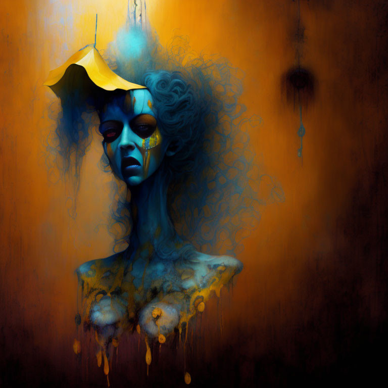 Blue-skinned female figure with golden eye covering in surreal artwork