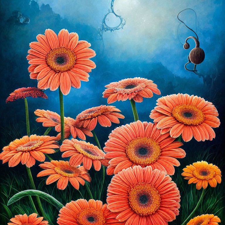 Colorful Gerbera Flowers on Blue Background with Snail and Moonlit Accents