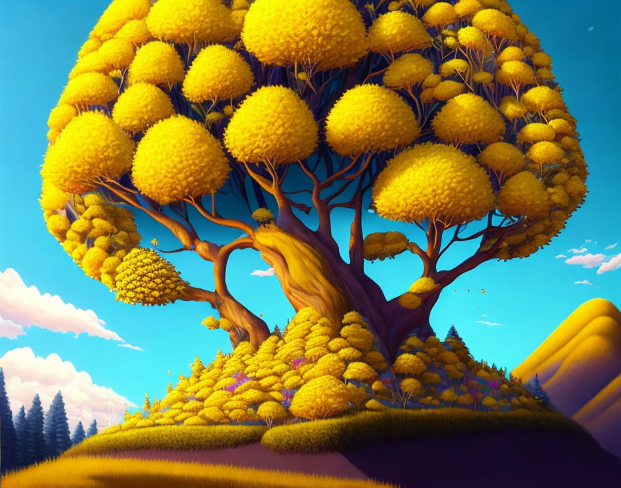 Colorful whimsical landscape with large stylized tree and bright yellow foliage under a blue sky.