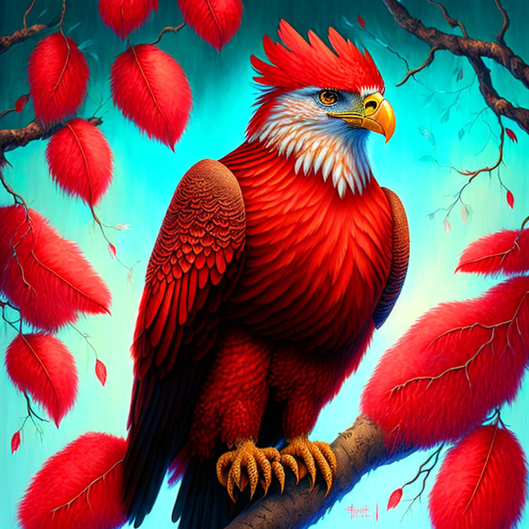 Vibrant red eagle perched on branch amidst fluttering leaves.