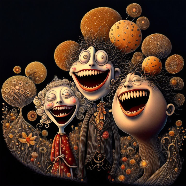 Colorful characters with exaggerated smiles and fanciful hair on dark background