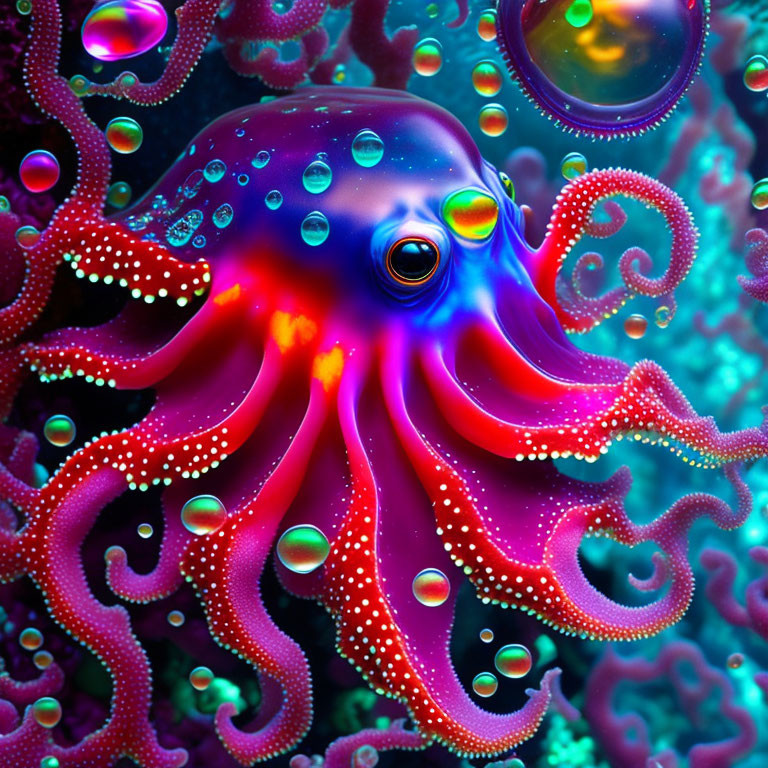 Colorful Octopus Artwork Among Coral and Bubbles