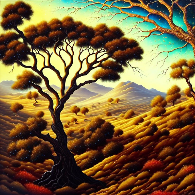 Surreal golden landscape with unique trees and warm light