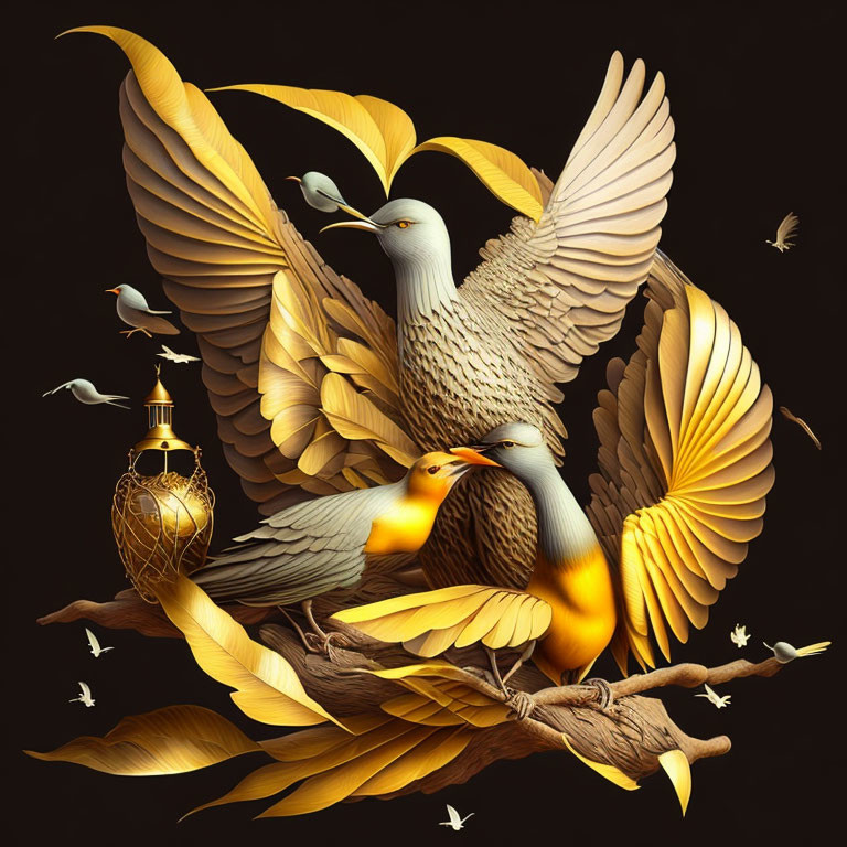 Detailed digital artwork featuring golden and grey birds in flight and perched, with a lantern, on a