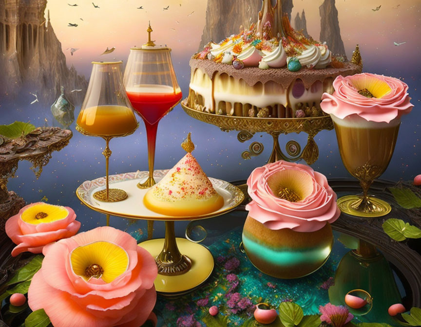 Colorful dessert display with ornate cakes and whimsical backdrop.