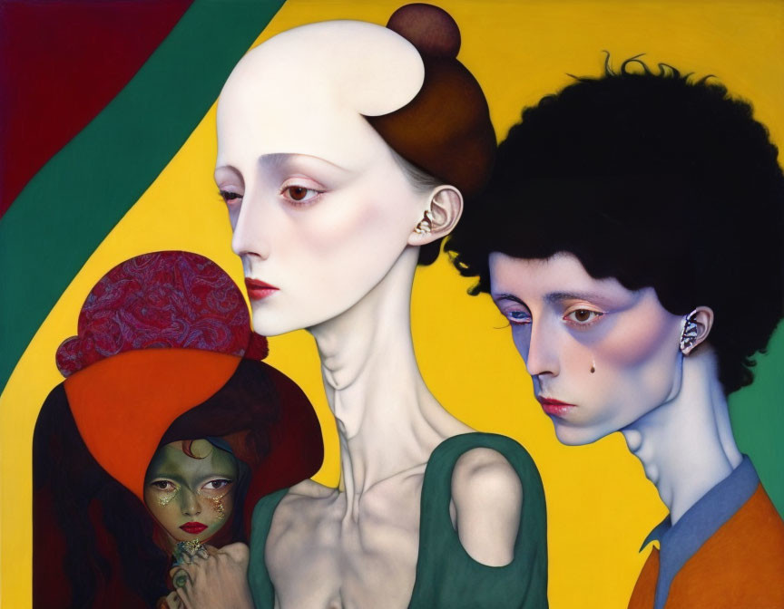 Three stylized, solemn female figures in elegant attire against vibrant geometric backdrop