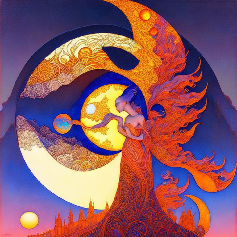 Colorful Artwork: Stylized Woman with Yin-Yang Symbol in Ornate Background