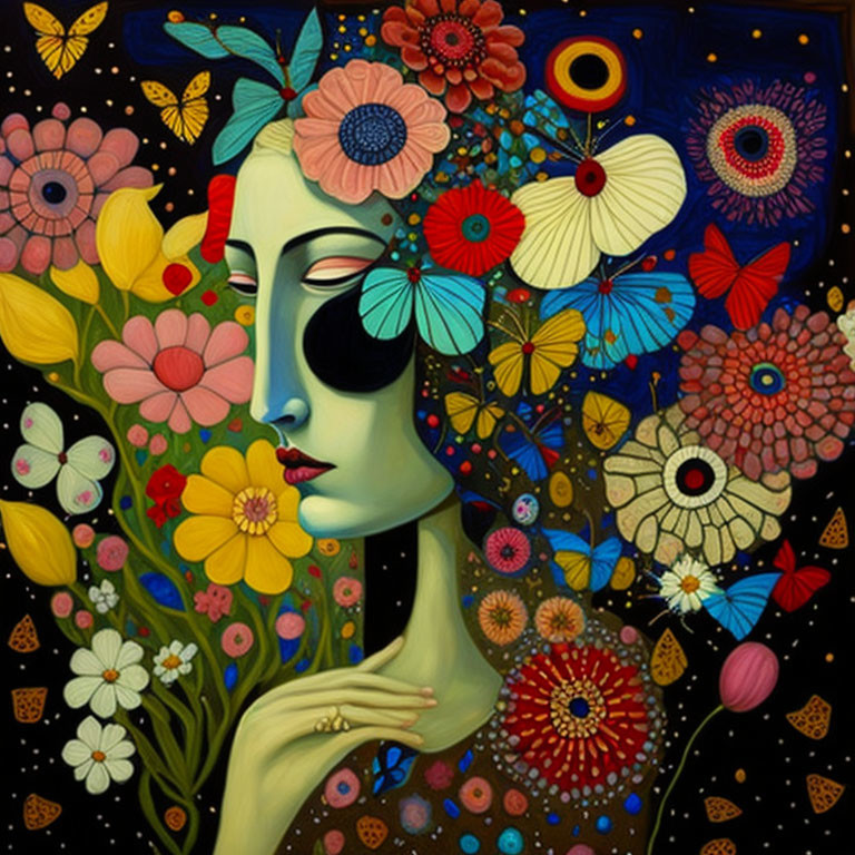 Colorful painting of woman with floral headpiece and eye mask among flowers and butterflies