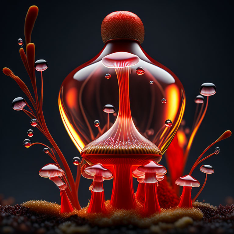 Colorful surreal illustration: Glowing mushroom-shaped bottle surrounded by smaller mushrooms and suspended droplets.