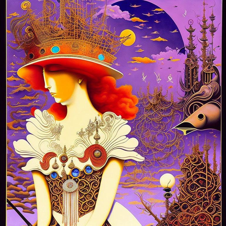 Surrealist painting of woman with cityscape headgear against purple sky