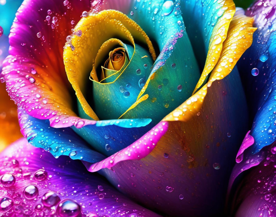 Rainbow Rose with Glistening Water Droplets and Soft-focus Background