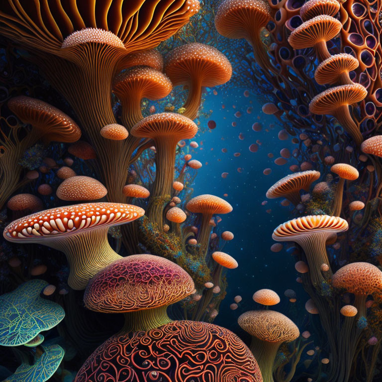 Vibrant 3D underwater scene with ornate mushrooms and coral structures