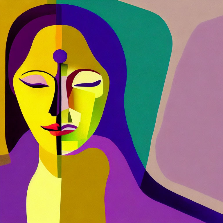 Colorful abstract split face with geometric shapes.