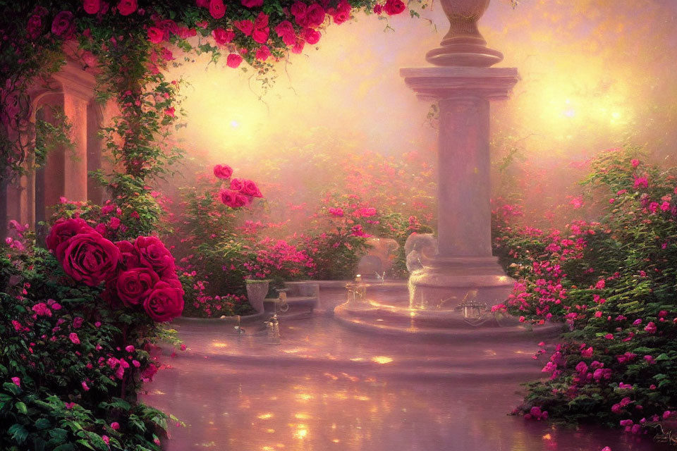 Tranquil garden with pink roses, classical column, and serene fountain