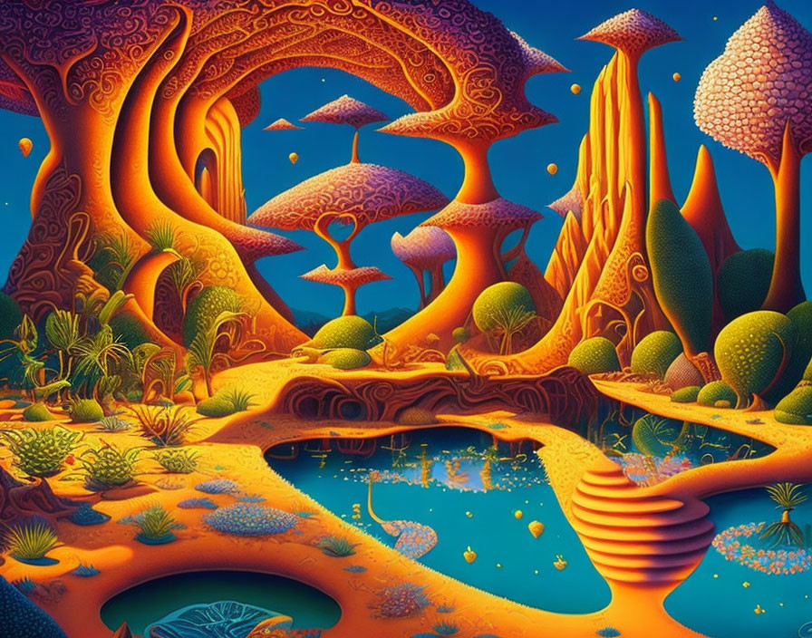 Fantasy Landscape with Whimsical Trees and Oversized Mushrooms